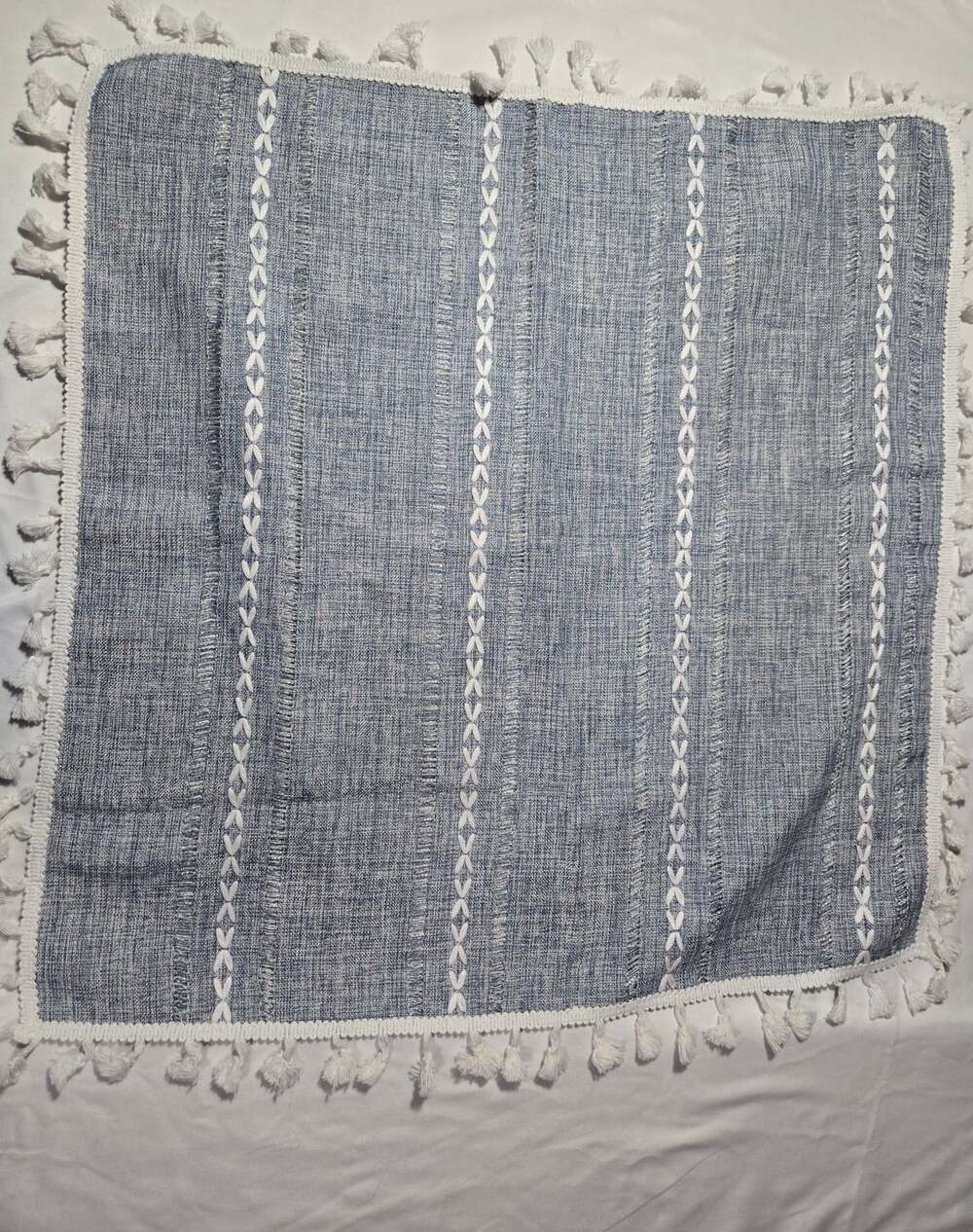 Home Decor Boho Table Runner Blue White Embroidered Tassels 14x24